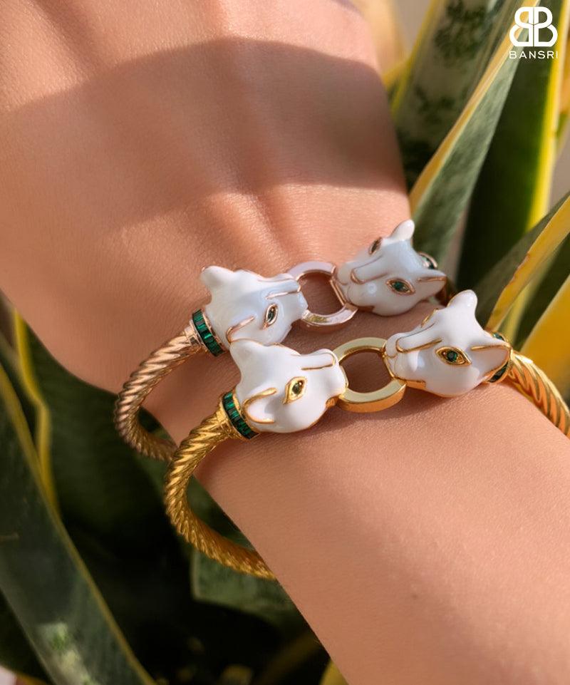 Double-Headed Enamel Panther Bangle Bracelet