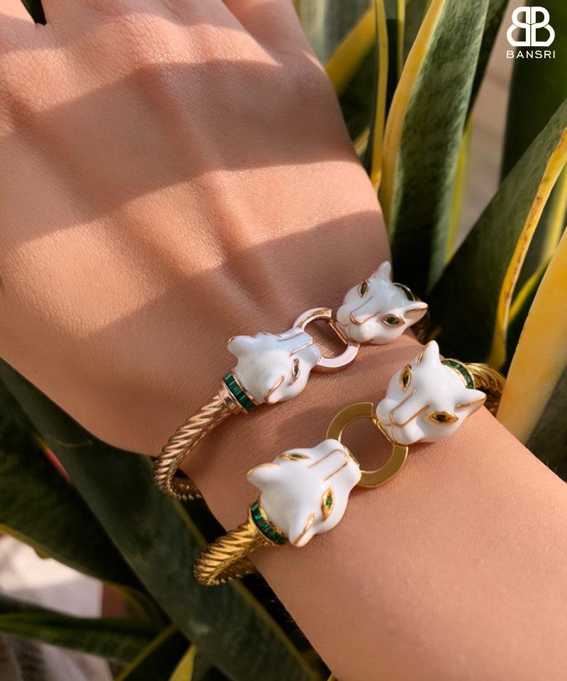 Double-Headed Enamel Panther Bangle Bracelet