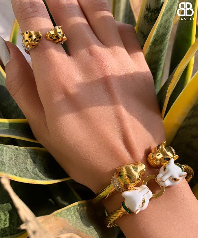 Double-Headed Enamel Panther Bangle Bracelet