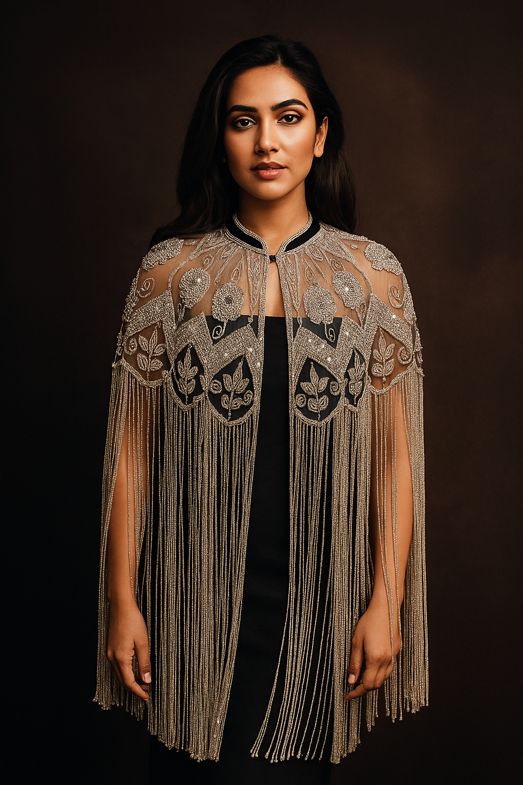 Embroidered Raffia Cape with Tassels