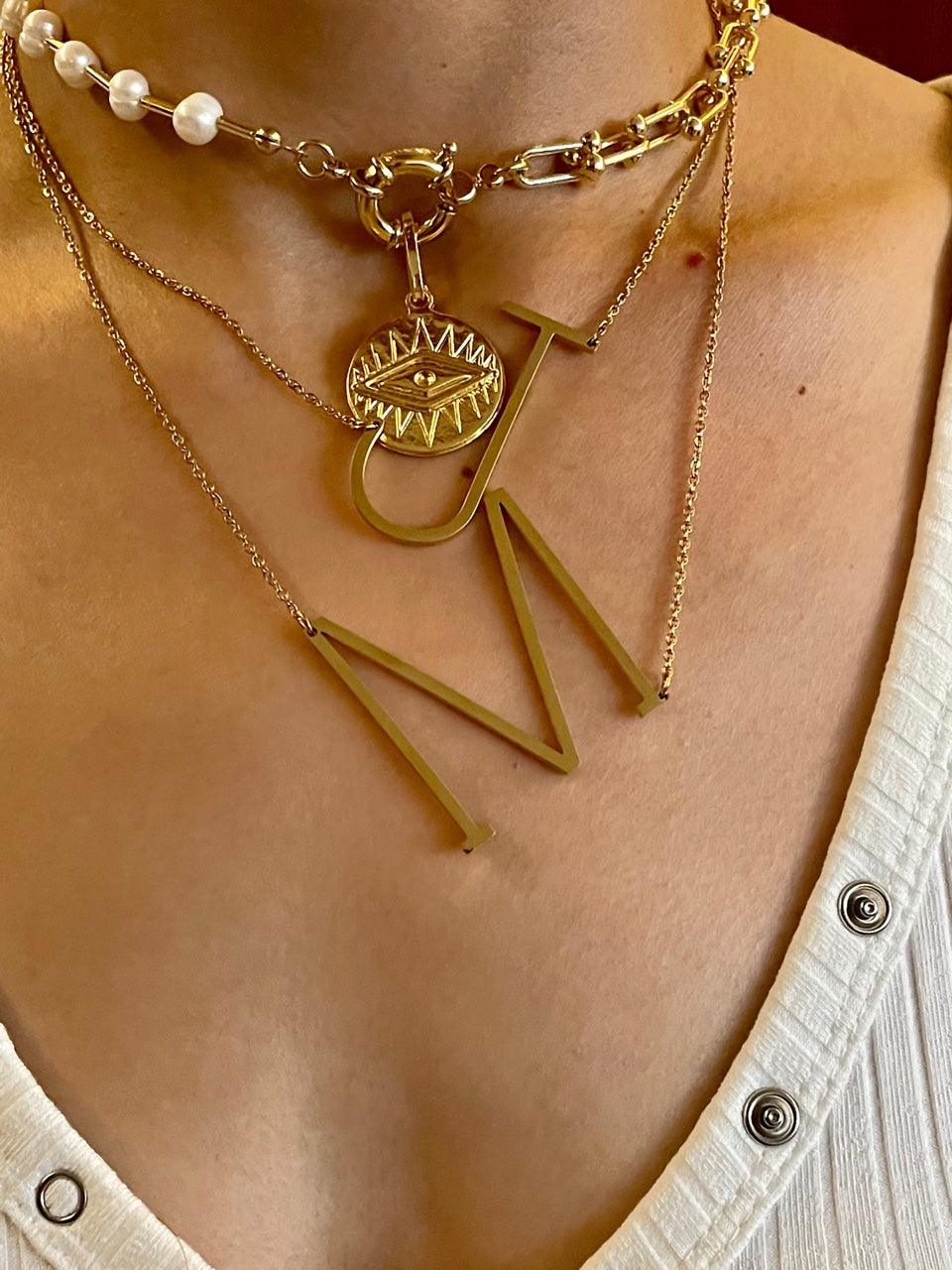 Sideway Big Initial 18k Gold Plated A-Z Pendant Necklace
