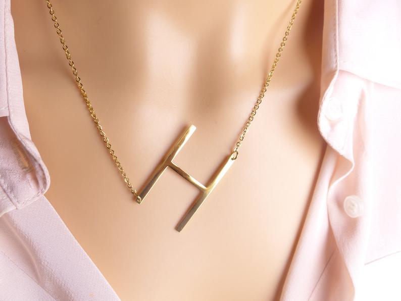 Sideway Big Initial 18k Gold Plated A-Z Pendant Necklace