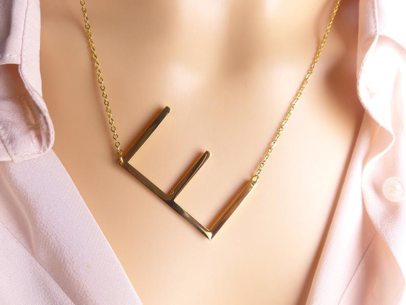 Sideway Big Initial 18k Gold Plated A-Z Pendant Necklace