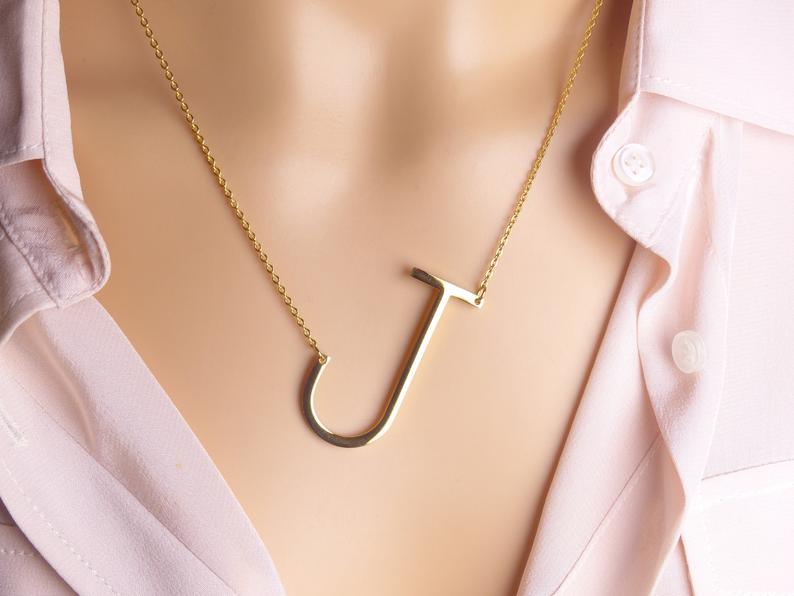 Sideway Big Initial 18k Gold Plated A-Z Pendant Necklace