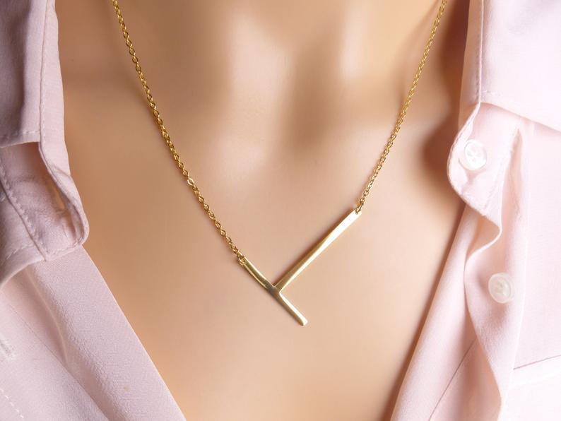 Sideway Big Initial 18k Gold Plated A-Z Pendant Necklace