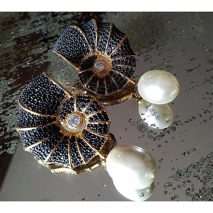 Conch Shell Crystal Encrusted Pearl Drop Earrings