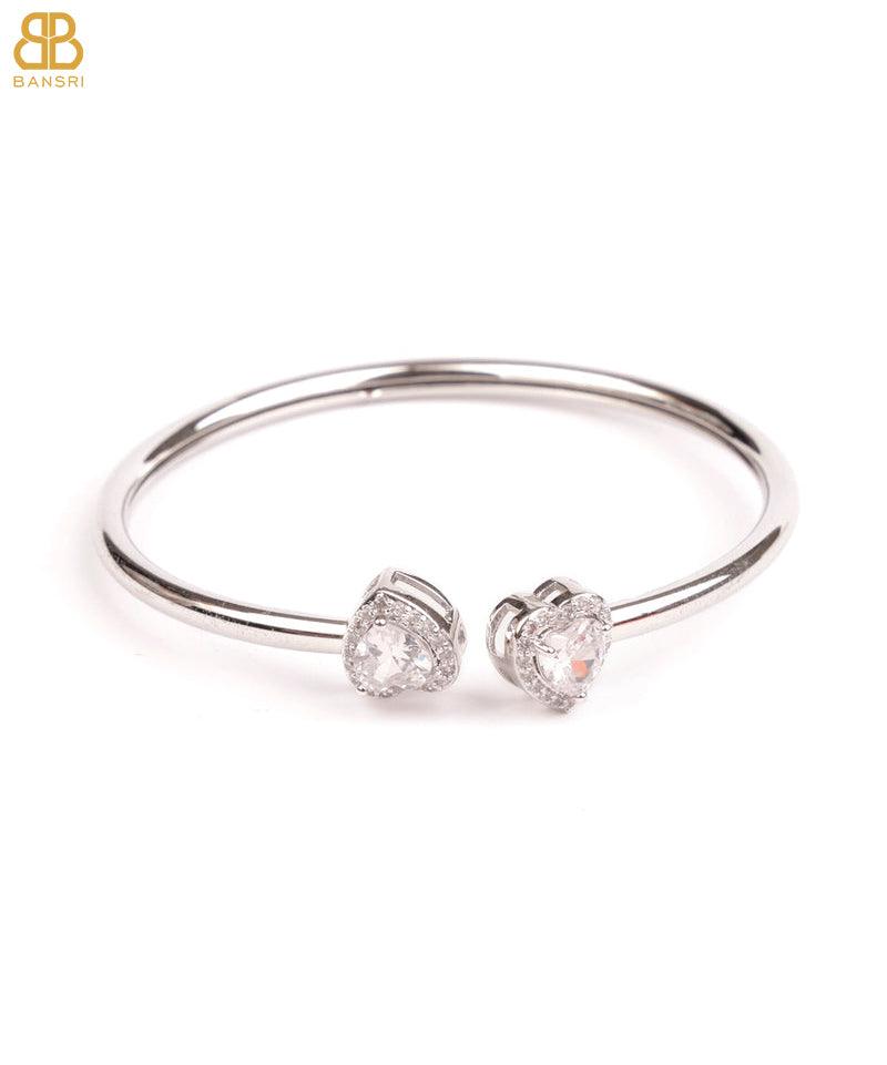 Heart Double Solitaire Flexi Bangle Bracelet & Stud Earrings Set