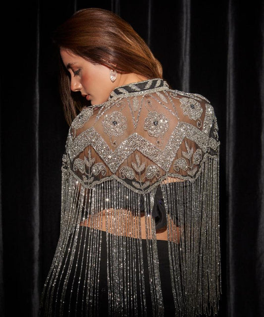 Embroidered Raffia Cape with Tassels - Bansri Mehta Design