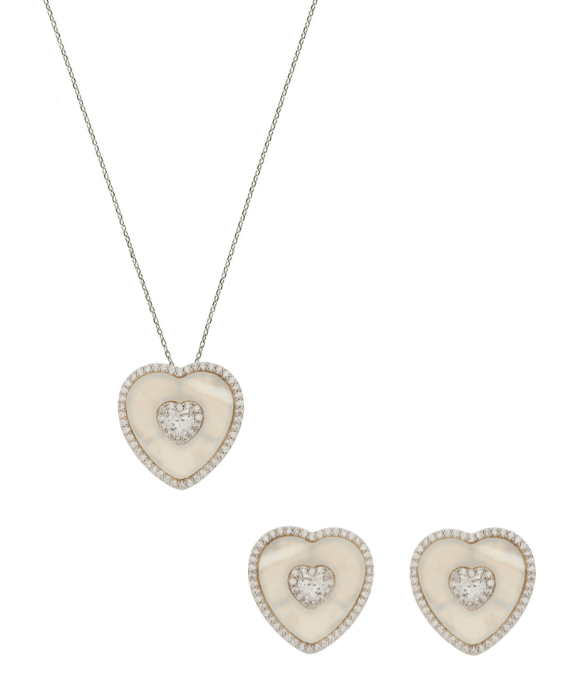 Mother of Pearl Heart Solitaire Necklace & Earring Set