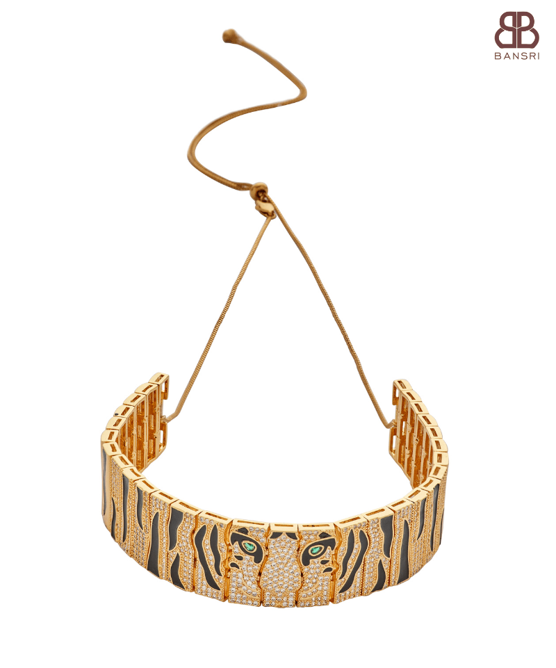 Link Panther Face Diamonte Choker Necklace - Bansri Mehta Design