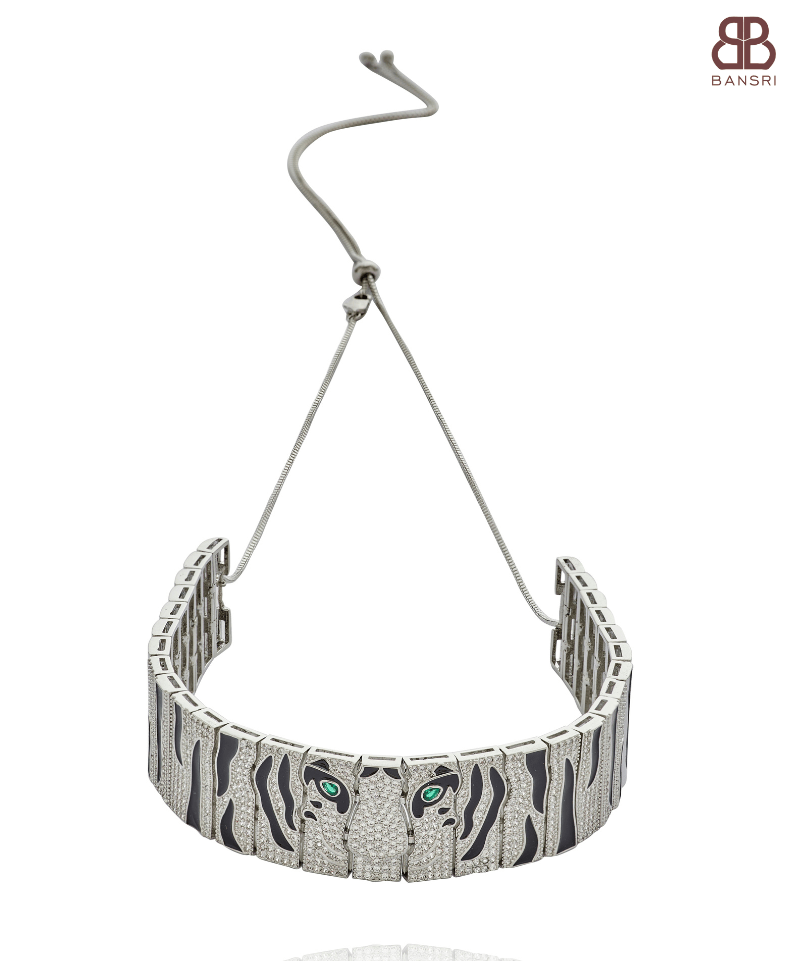 Link Panther Face Diamonte Choker Necklace