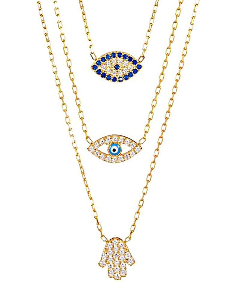 Layered Evil Eye Hamsa Necklace with Swarovski Crystals