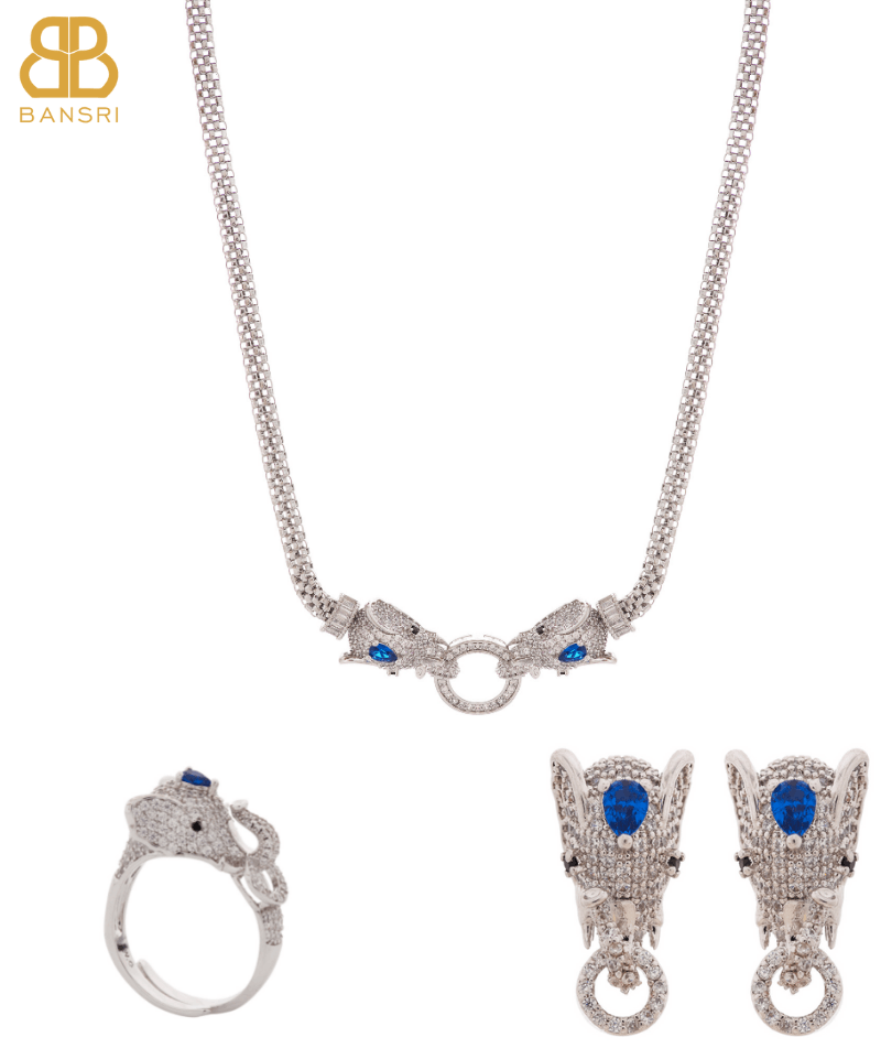 Royal Double Headed Elephant Baguette Collar Necklace & Earring and Ring Set