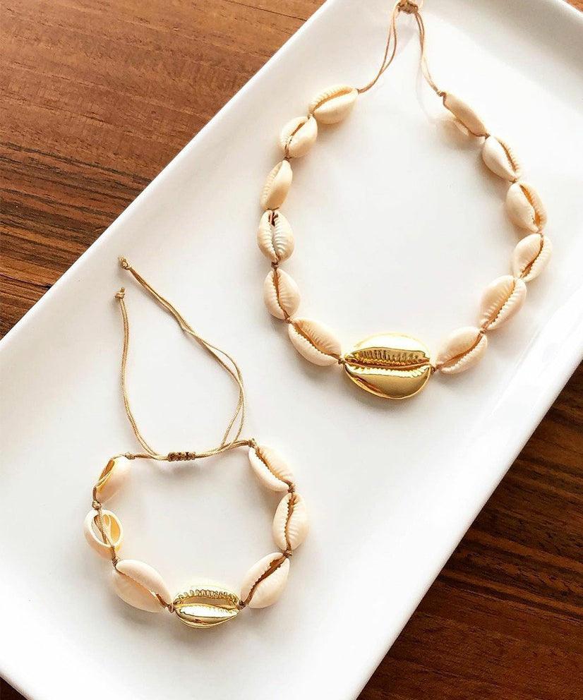 Cowrie Shell White & Gold Choker Necklace & Bracelet Set