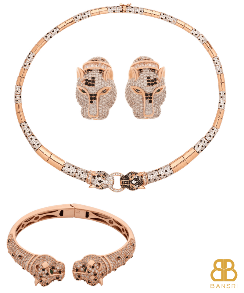 Le Panthera Rosegold Collar Necklace & Bracelet & Earring Set