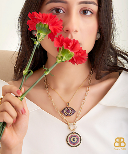 Initial Baguette 3D Letter Charm & Evil Eye Detachable Pendant Chain Necklace