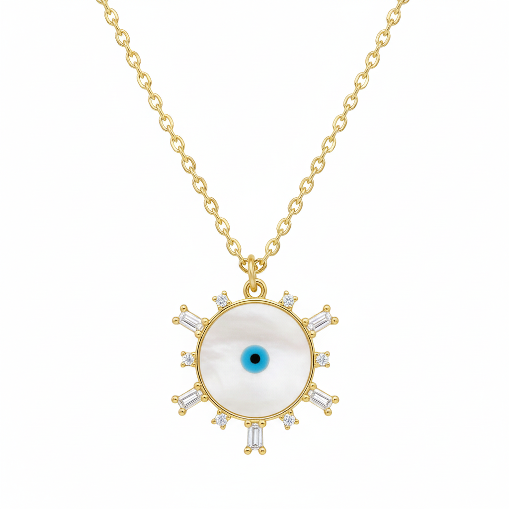 Initial Baguette 3D Letter Charm & Evil Eye Detachable Pendant Chain Necklace