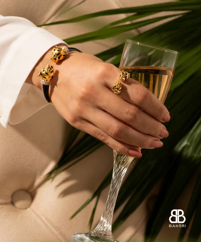 Gold Deux Panthera Headed Necklace, Bracelet Cuff, Earring & Ring