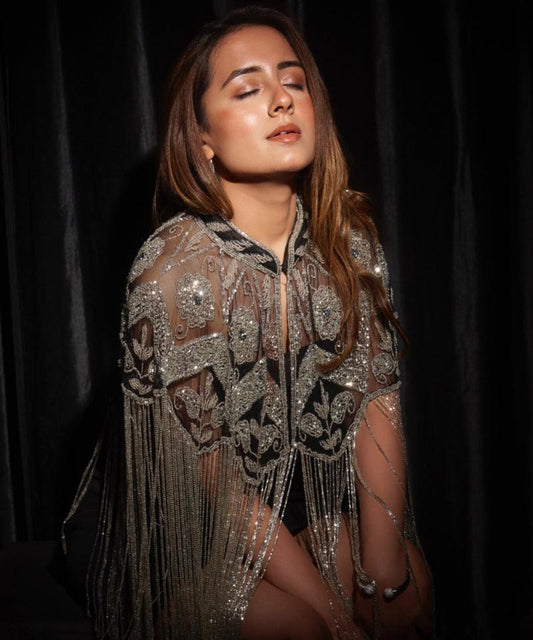 Embroidered Raffia Cape with Tassels