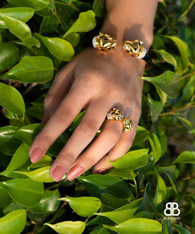 Gold Deux Panthera Headed Necklace, Bracelet Cuff, Earring & Ring