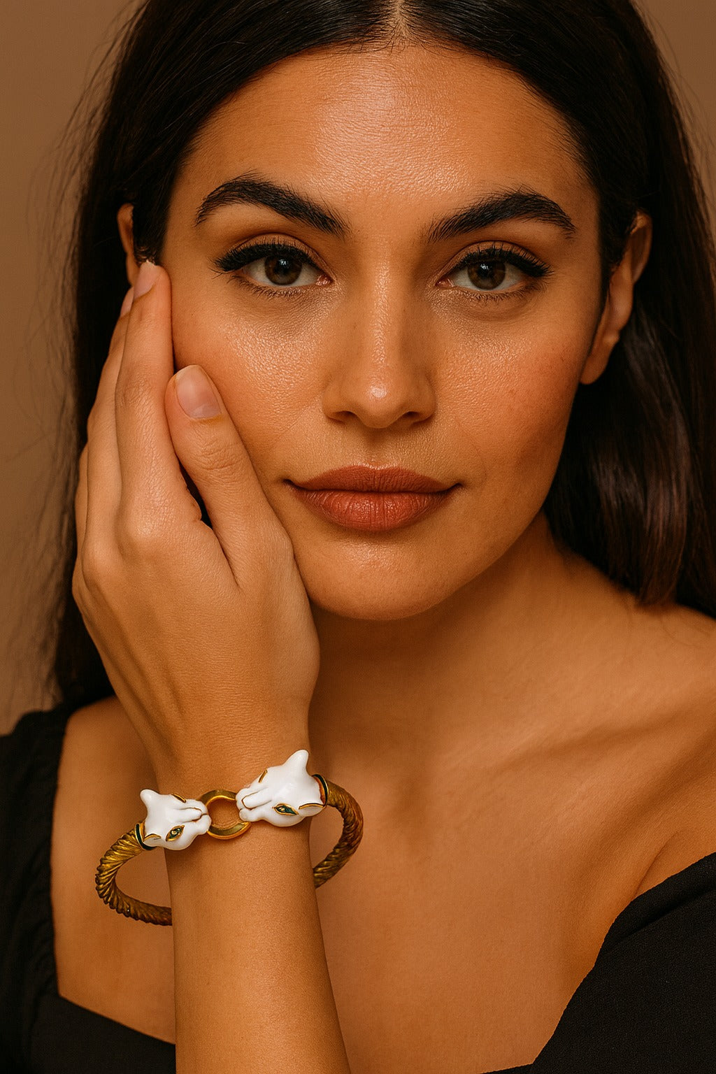 Double-Headed Enamel Panther Bangle Bracelet