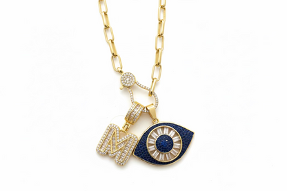 Initial Baguette 3D Letter Charm & Evil Eye Detachable Pendant Chain Necklace