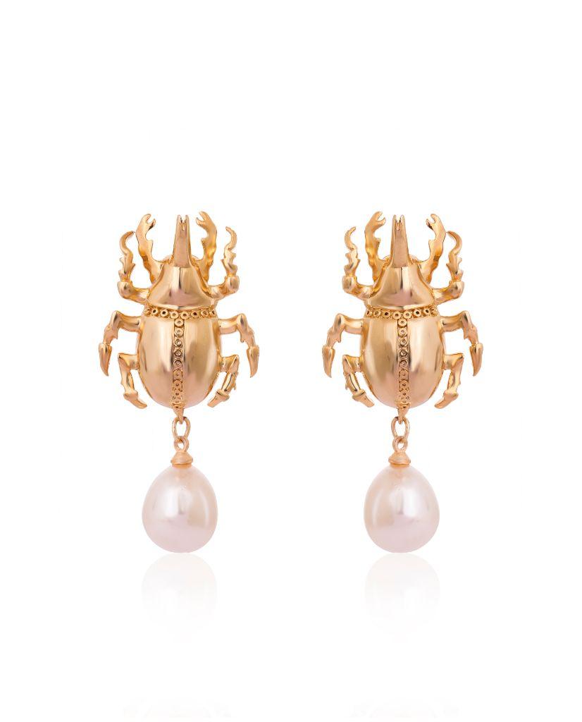 Scarab Pearl Drop Earrings - Bansri Mehta Design