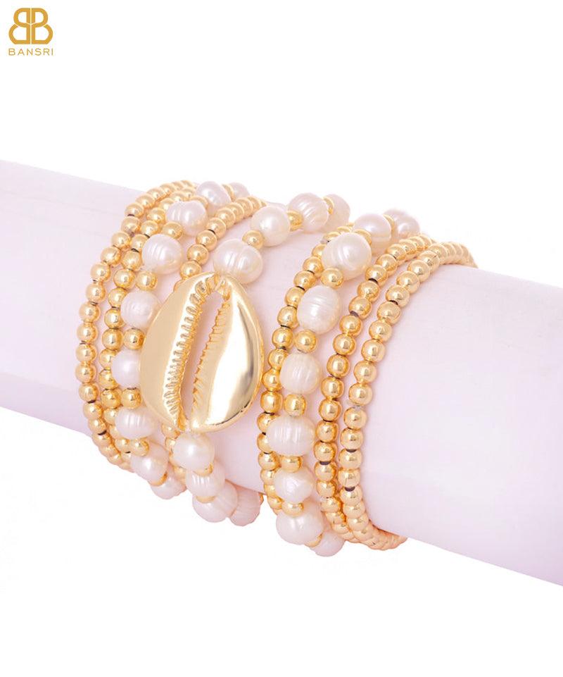 Beaded Pearls and Gold Stack - Set of 9