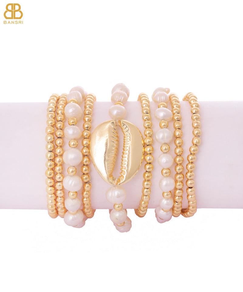 Beaded Pearls and Gold Stack - Set of 9