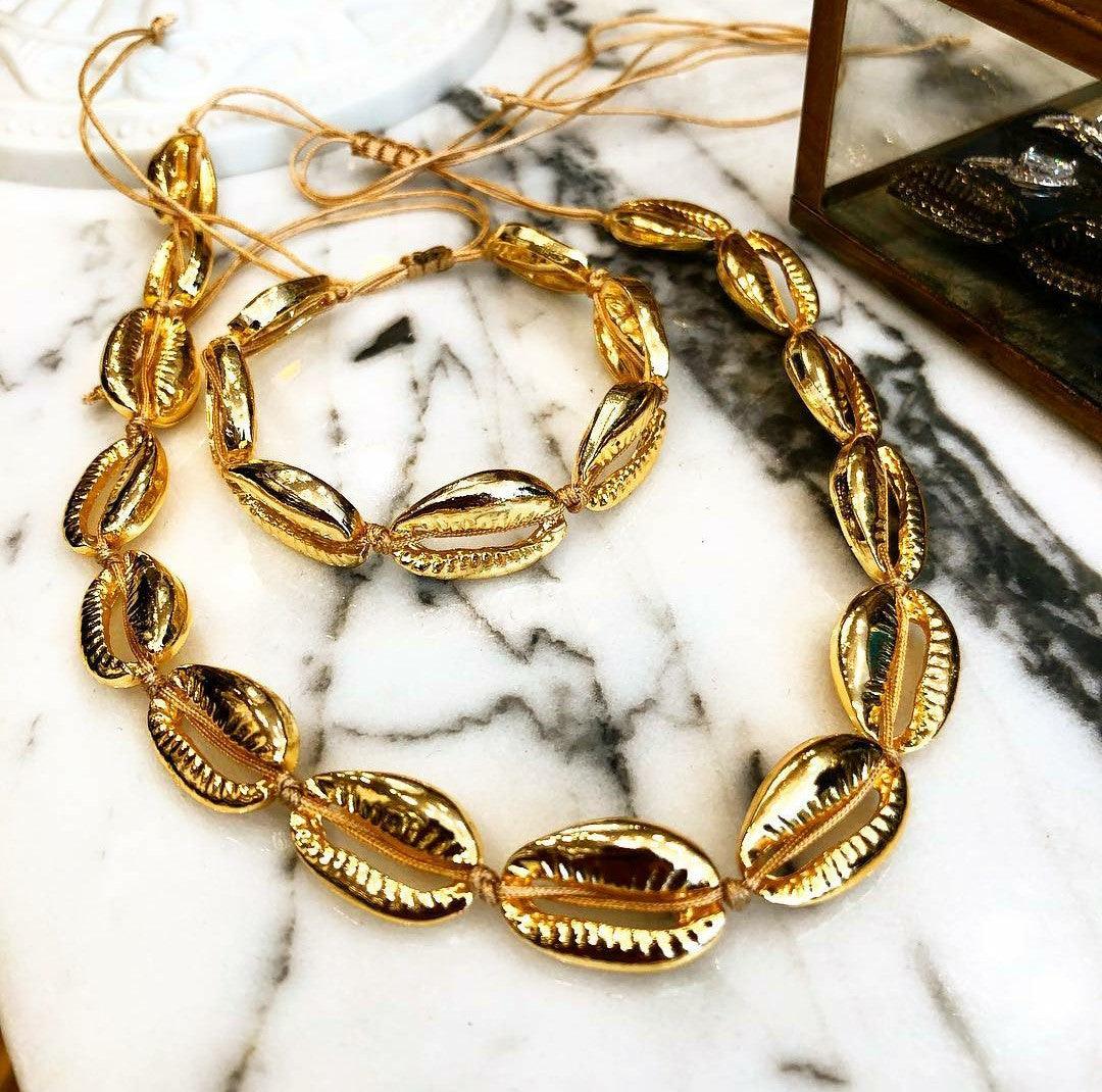 Gold Cowrie Shell Necklace & Bracelet/Anklet Set