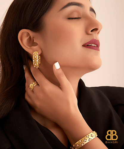 Imana Flexi Mesh Bracelet, Hoop Earrings & Ring Set - Bansri Mehta Design