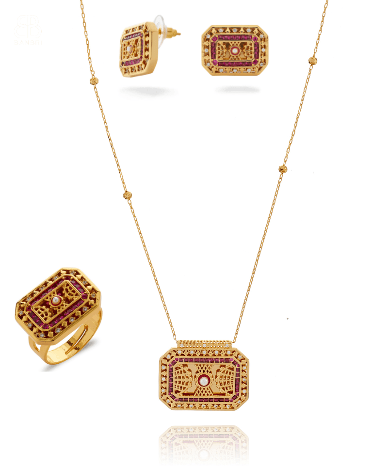 Junoon Hand Carved Necklace, Earring & Ring Set - Bansri Mehta Design