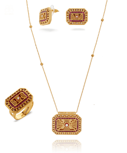 Junoon Hand Carved Necklace, Earring & Ring Set - Bansri Mehta Design