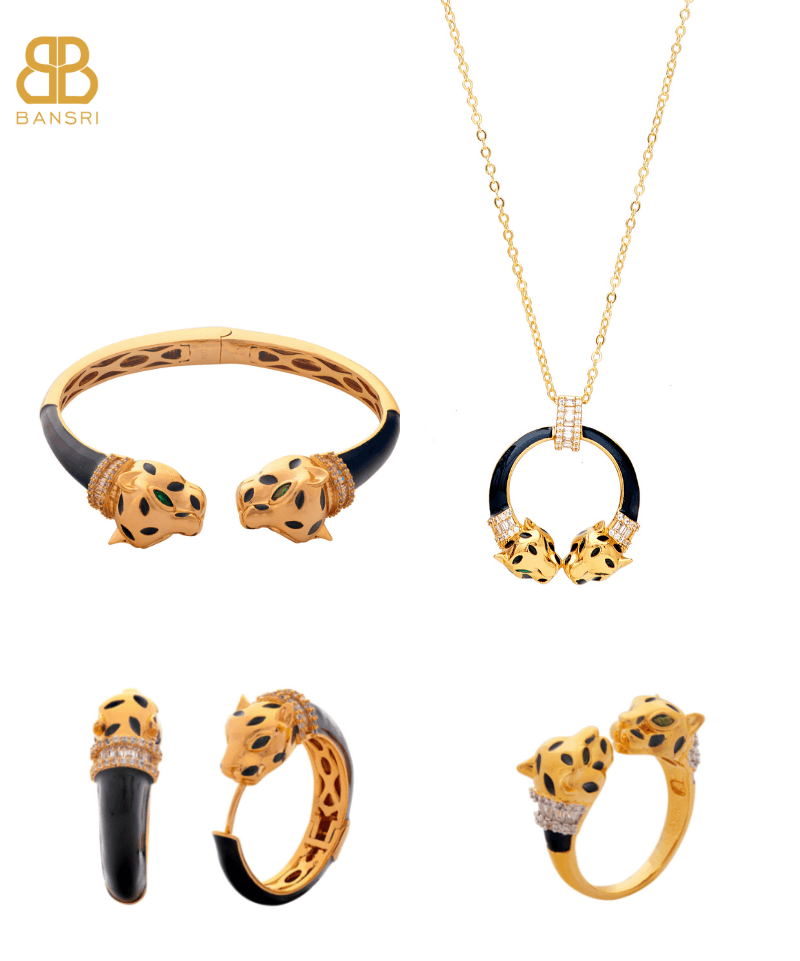 Gold Deux Panthera Headed Necklace, Bracelet Cuff, Earring & Ring