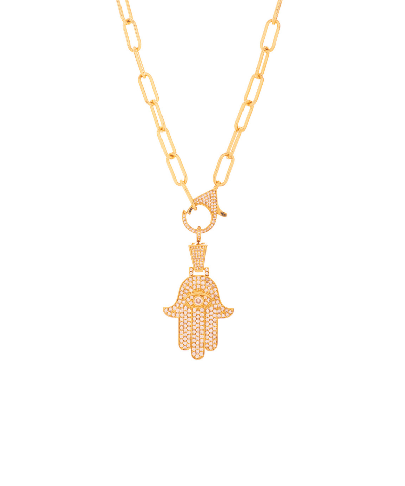 Crystal Encrusted Big Hamsa Detachable Pendant Link Necklace