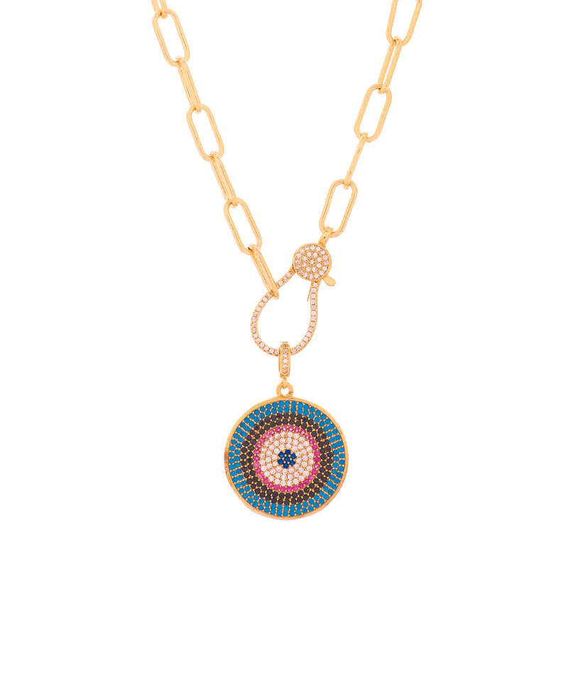 Initial Baguette 3D Letter Charm & Evil Eye Detachable Pendant Chain Necklace