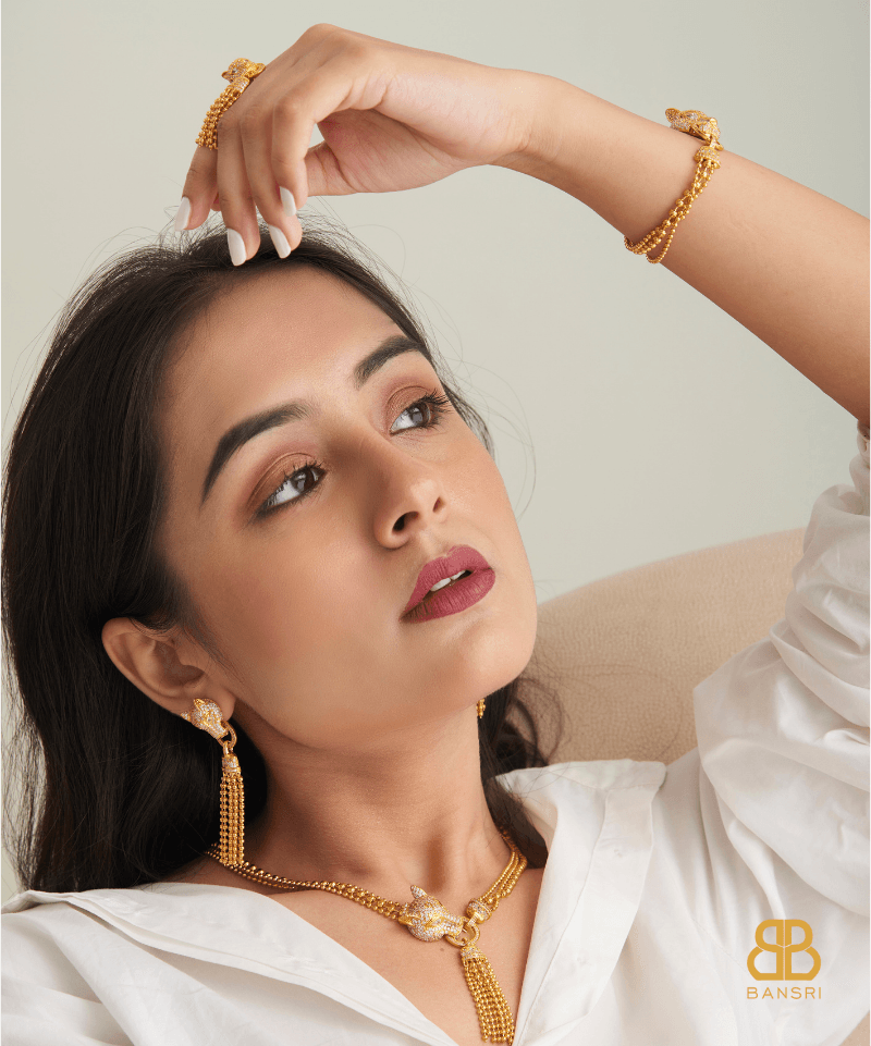 Gold Panther Beaded Necklace, Earring, Bracelet & Ring Set