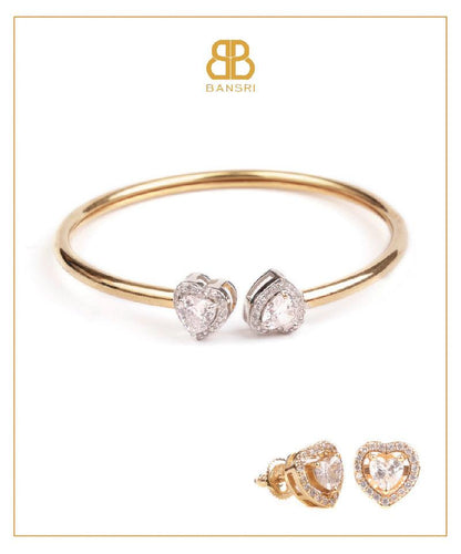 Heart Double Solitaire Flexi Bangle Bracelet & Stud Earrings Set - Bansri Mehta Design