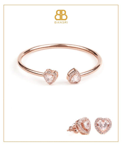 Heart Double Solitaire Flexi Bangle Bracelet & Stud Earrings Set