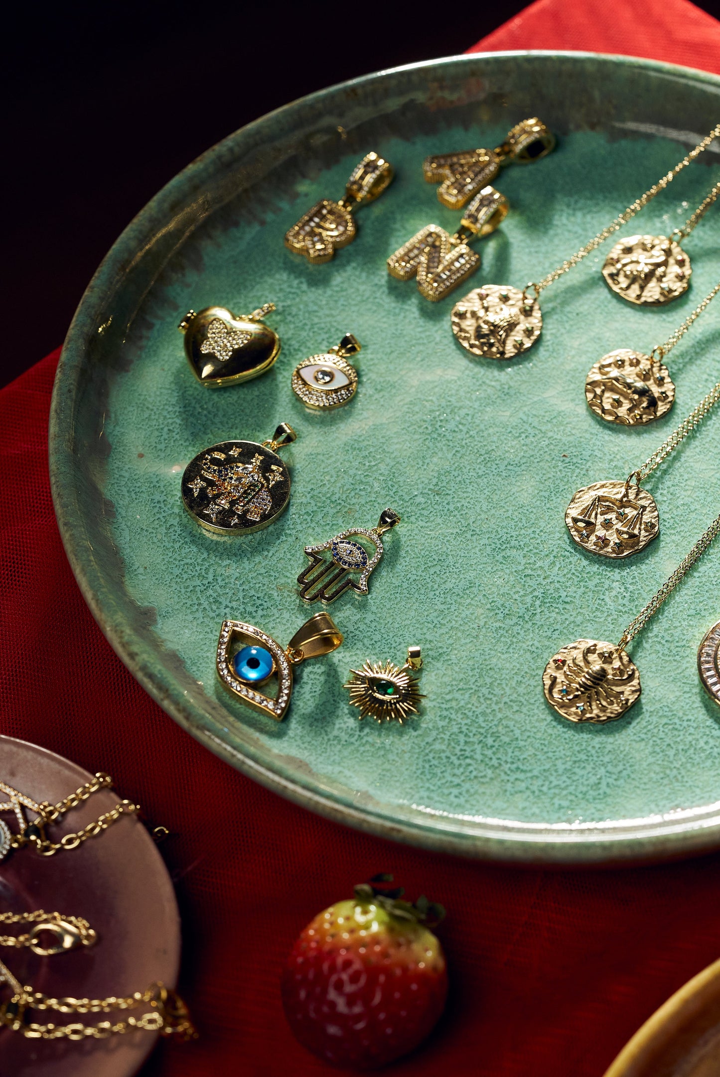 Initial Baguette 3D Letter Charm & Evil Eye Detachable Pendant Chain Necklace