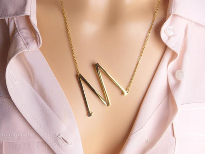 Sideway Big Initial 18k Gold Plated A-Z Pendant Necklace