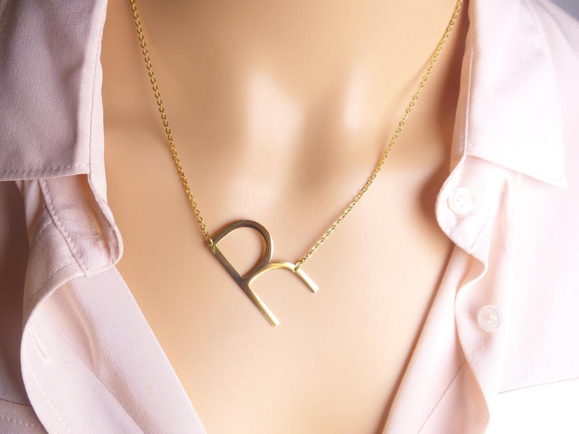 Sideway Big Initial 18k Gold Plated A-Z Pendant Necklace