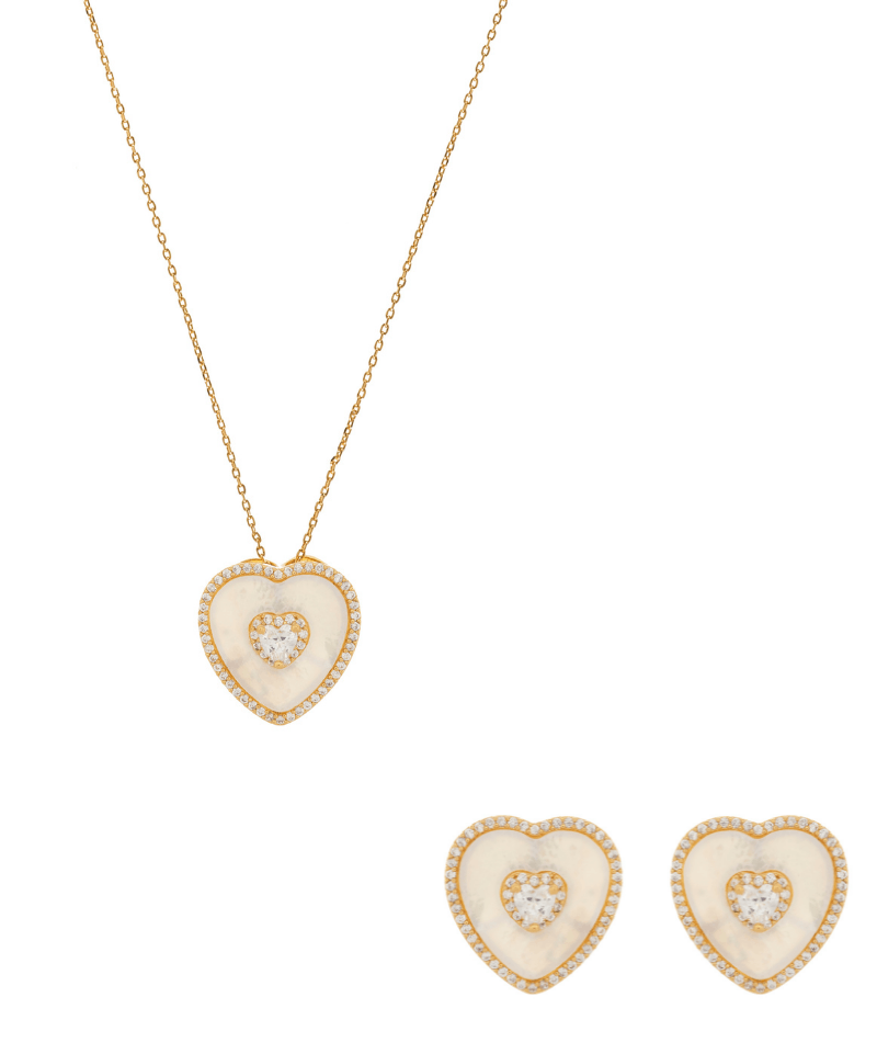Mother of Pearl Heart Solitaire Necklace & Earring Set