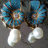 Conch Shell Crystal Encrusted Pearl Drop Earrings