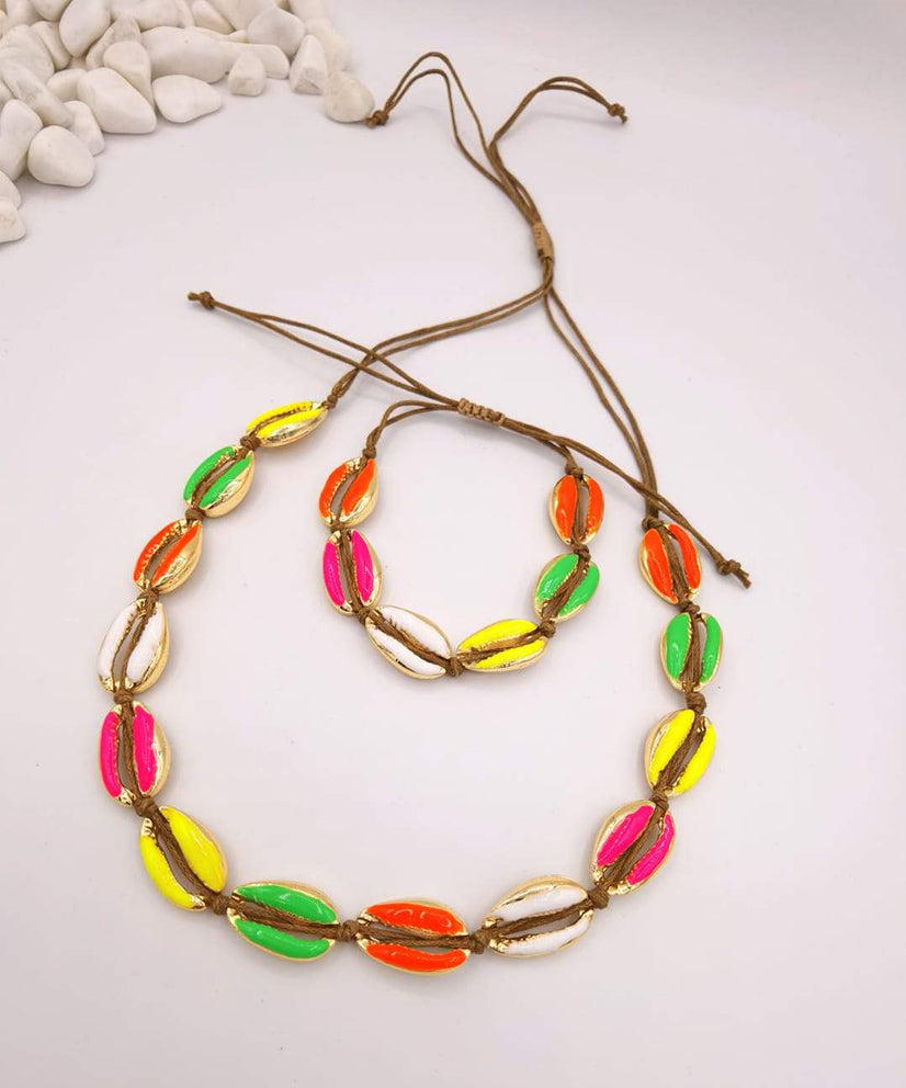 Neon Multicolor Cowrie Shell Necklace & Bracelet/Anklet Set