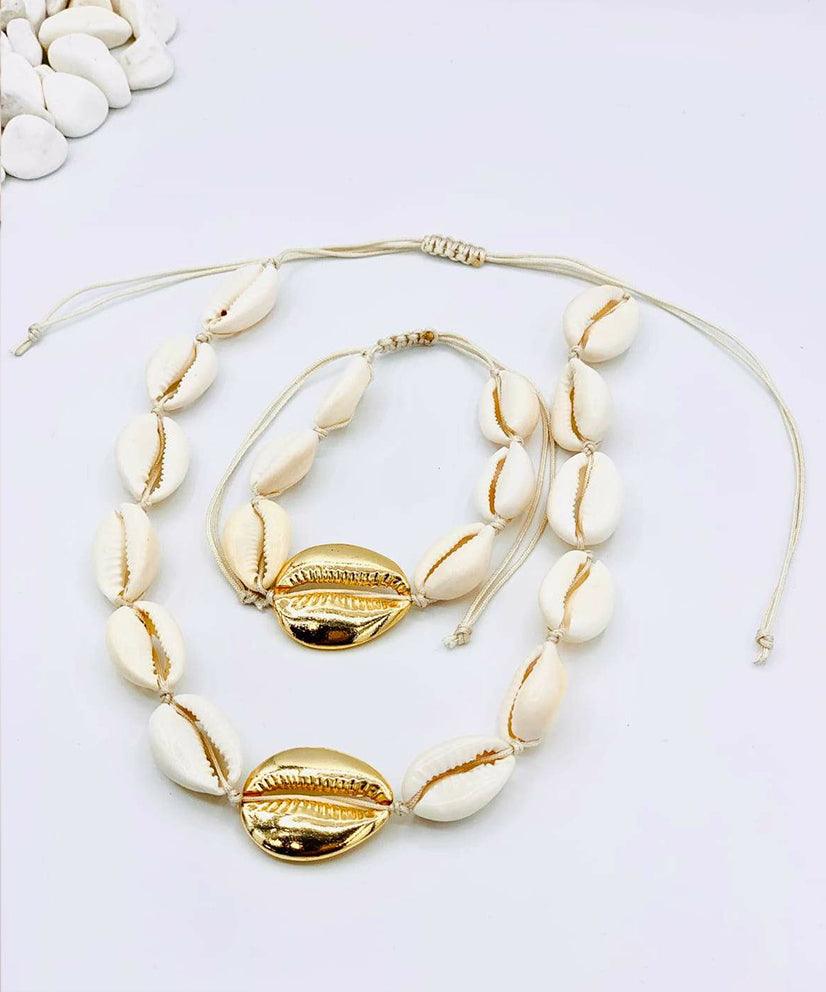 Cowrie Shell White & Gold Choker Necklace & Bracelet Set