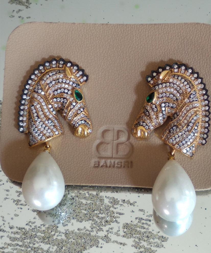 Two Toned Festive Zebra Crystal Encrusted Pearl Drop Earrings