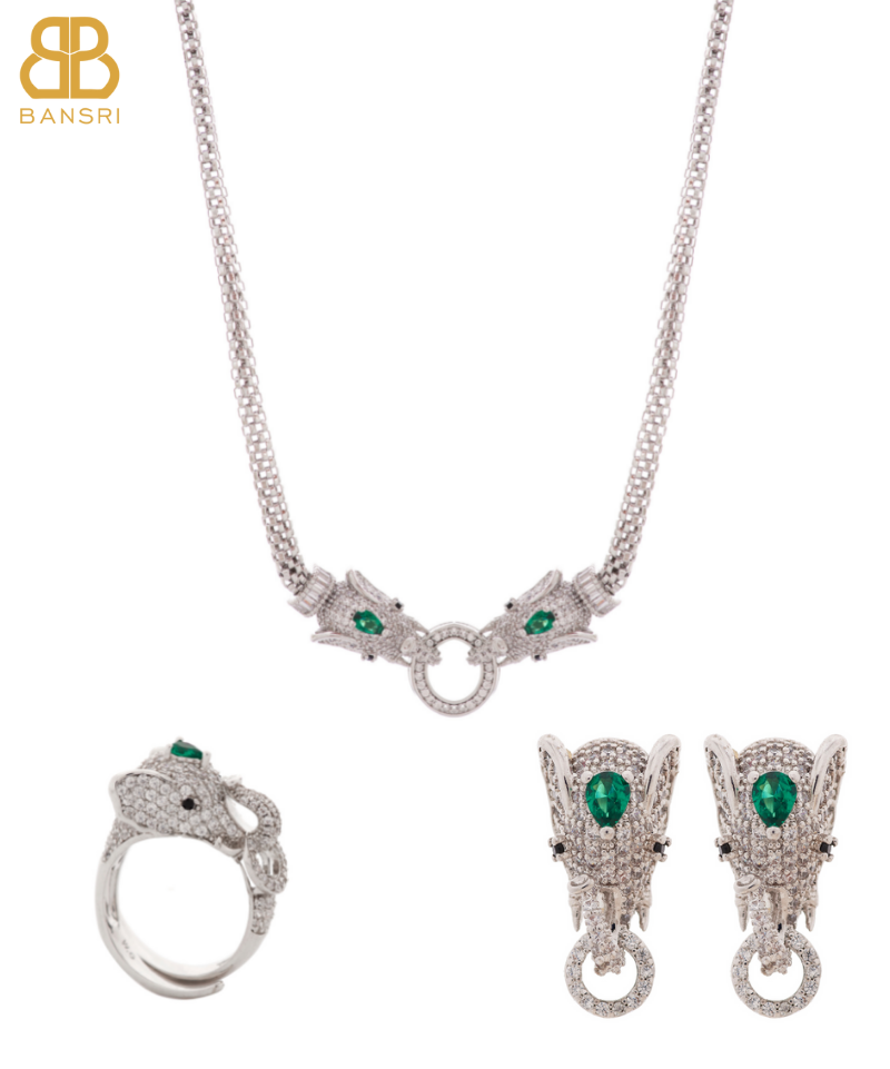 Royal Double Headed Elephant Baguette Collar Necklace, Earring & Ring Set