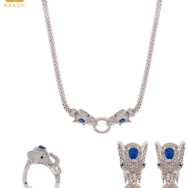 Royal Double Headed Elephant Baguette Collar Necklace & Earring and Ring Set