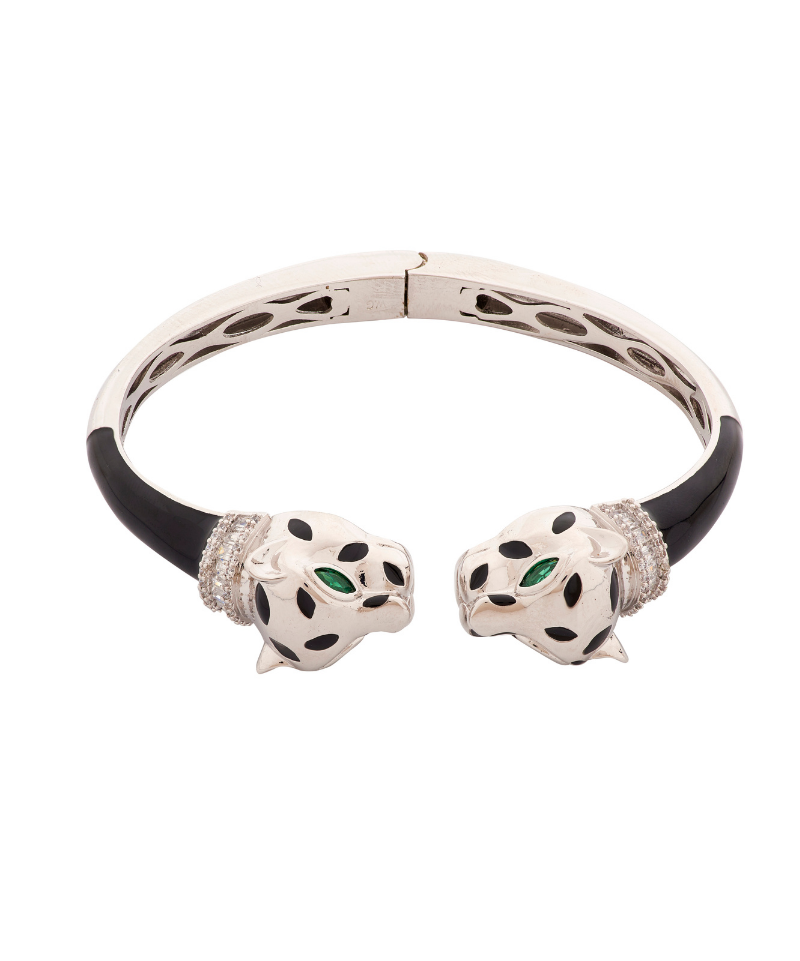 Silver Deux Panthera Headed Bracelet Cuff, Earring & Ring